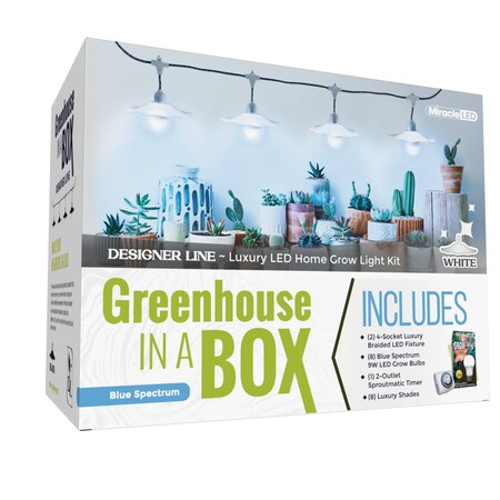 Miracle Led 4-Socket Greenhouse in a Box Grow Light Kit Blue Spec 9W Replace 150W Bulb, Wht Shades, Timer, 2PK 802401